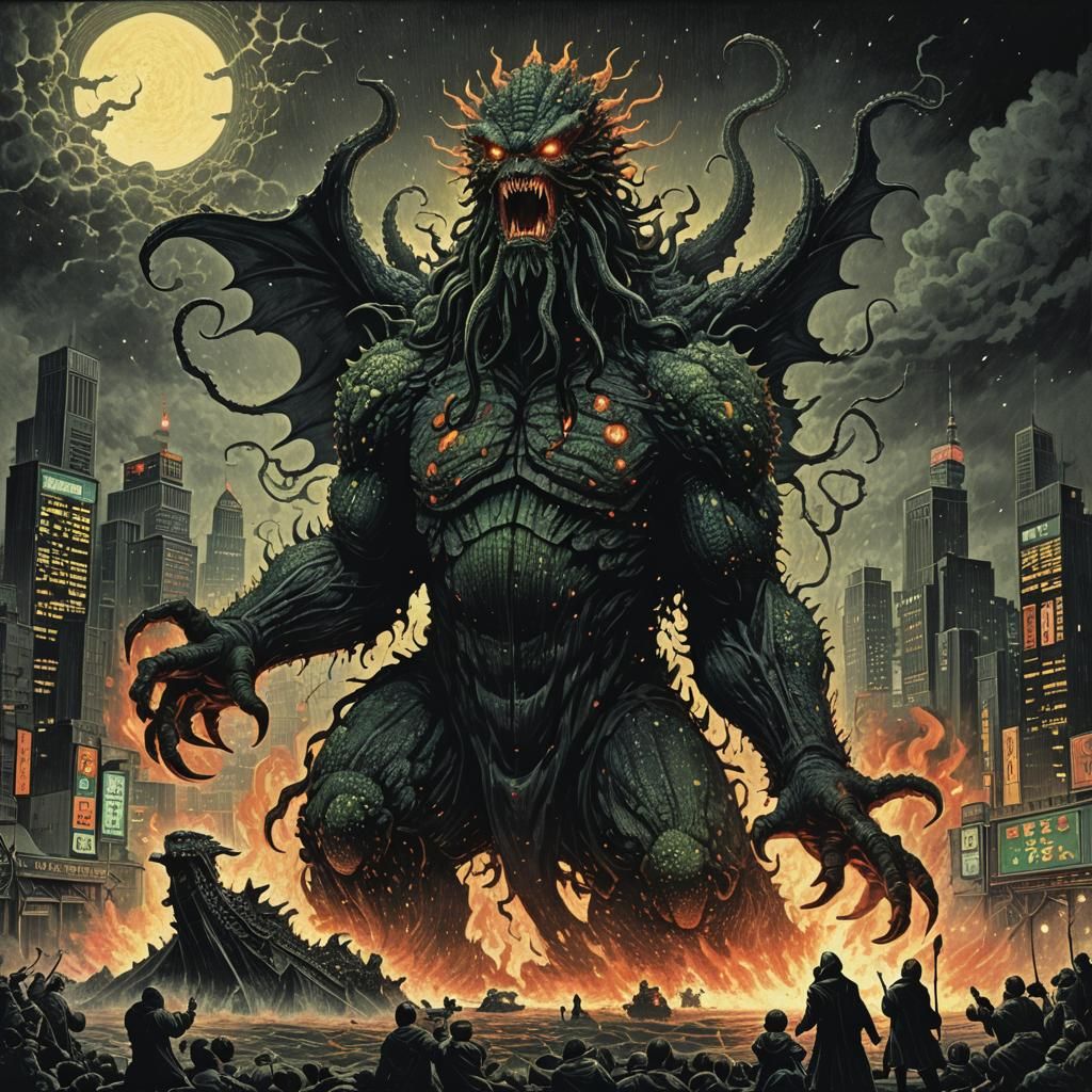 Cthulhu Godzilla Attacks Tokyo: Linocut Pointillism Horror