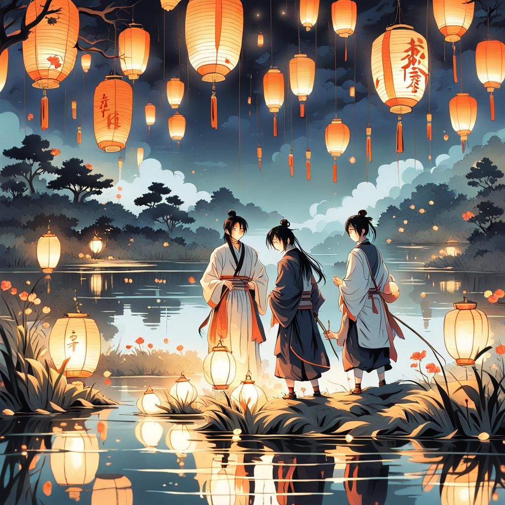 Lantern Release: Anime-Style Artwork with Vibrant Colors