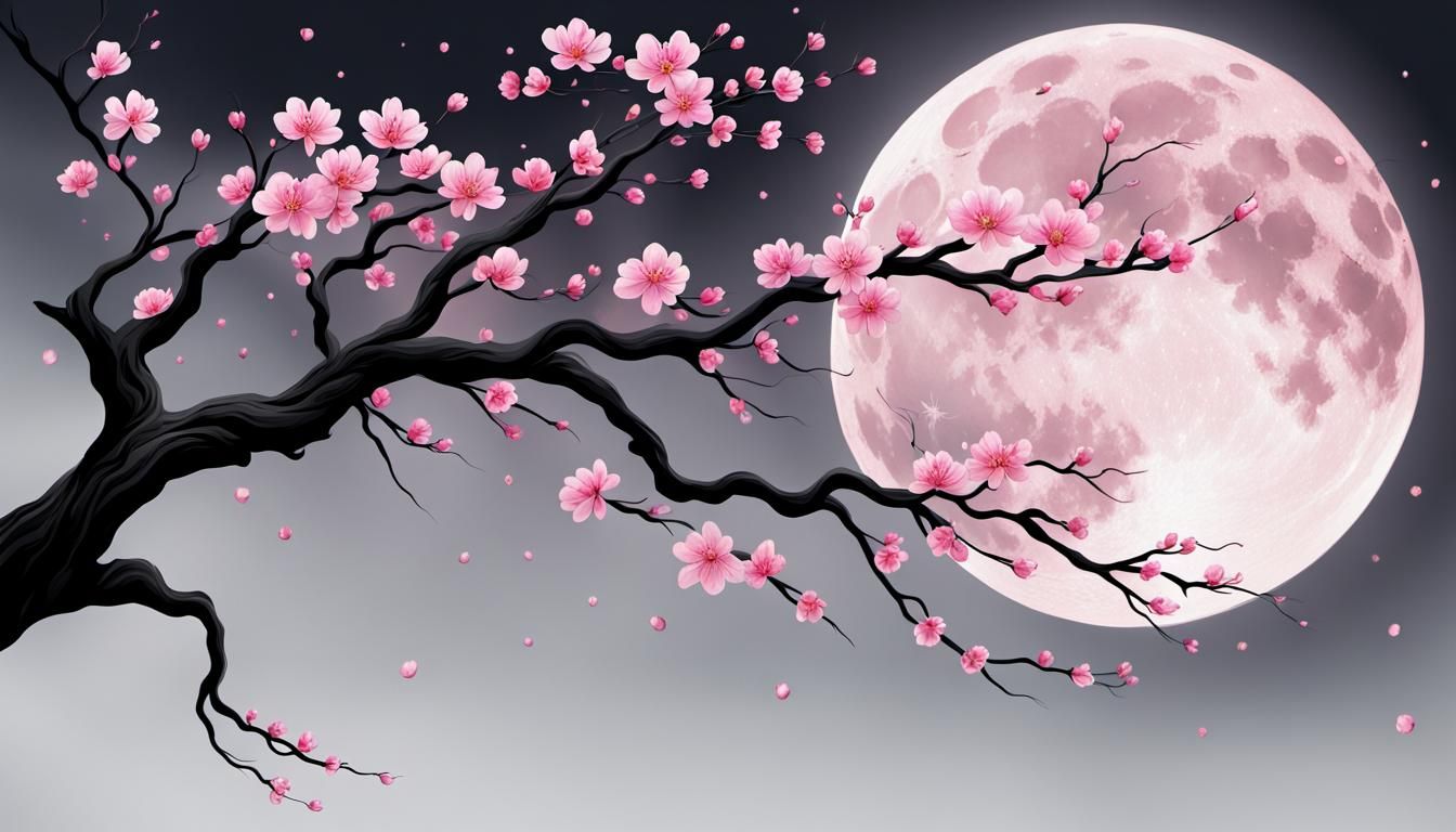 Sakura Branch Under Moonlight: Tranquil Art