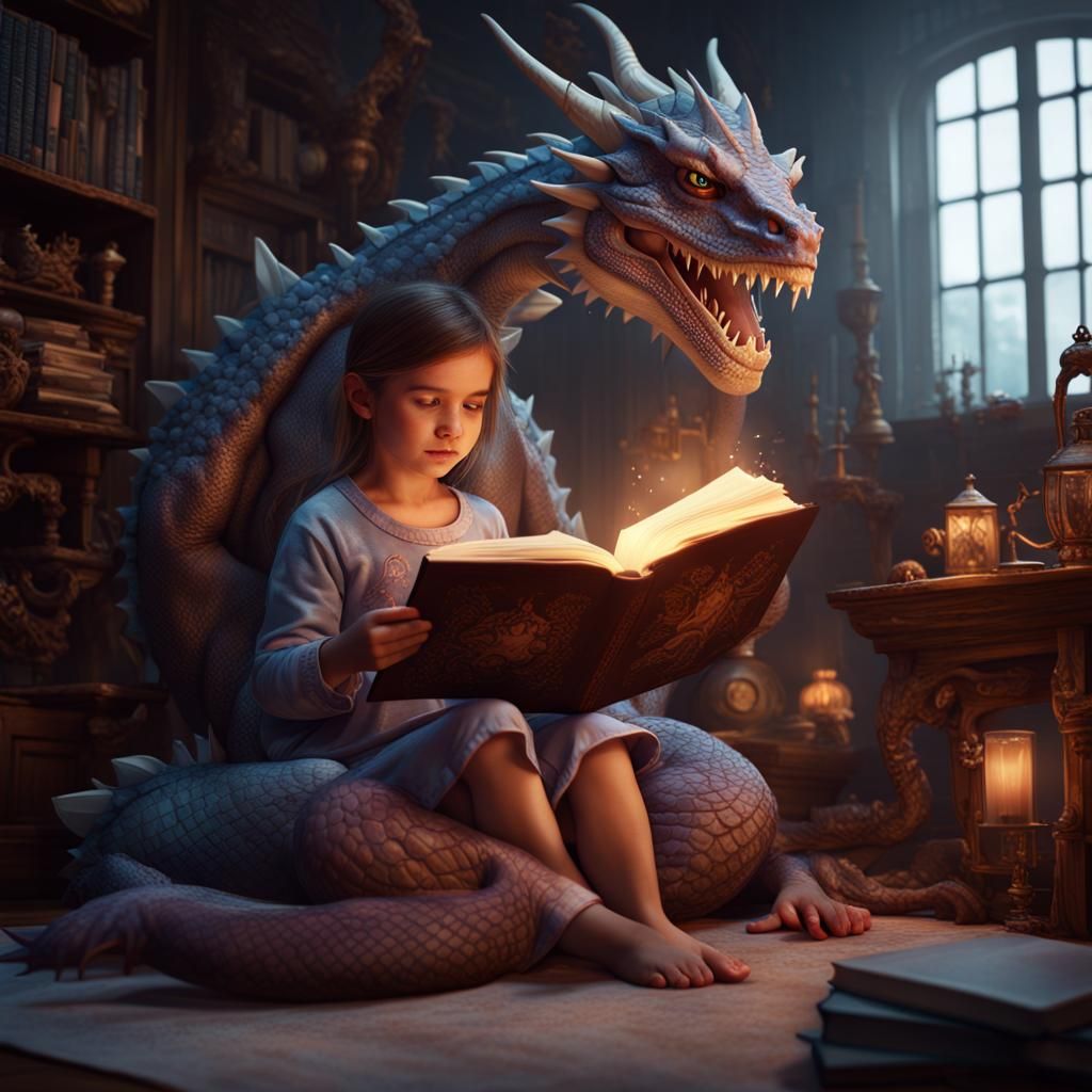 Girl Reads Bedtime Story to Dragon: Fantasy Art