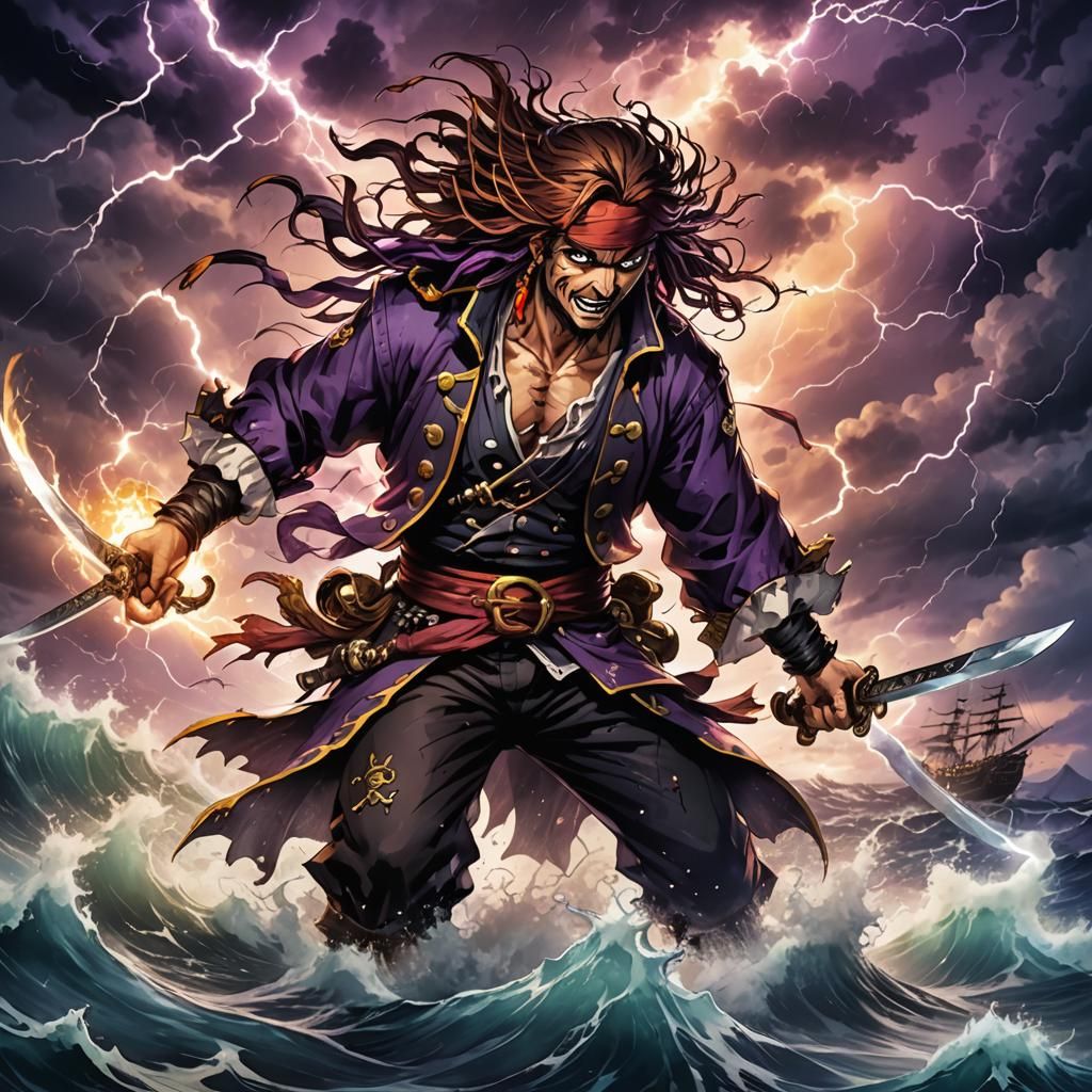 Anime Pirate Sword Fight on Stormy Sea
