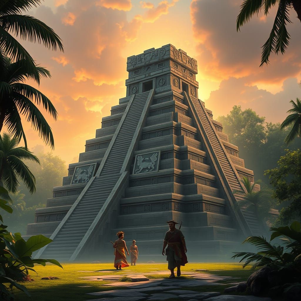 Ancient Temple Rises from Tropical Jungle in Vibrant, Sci-Fi...