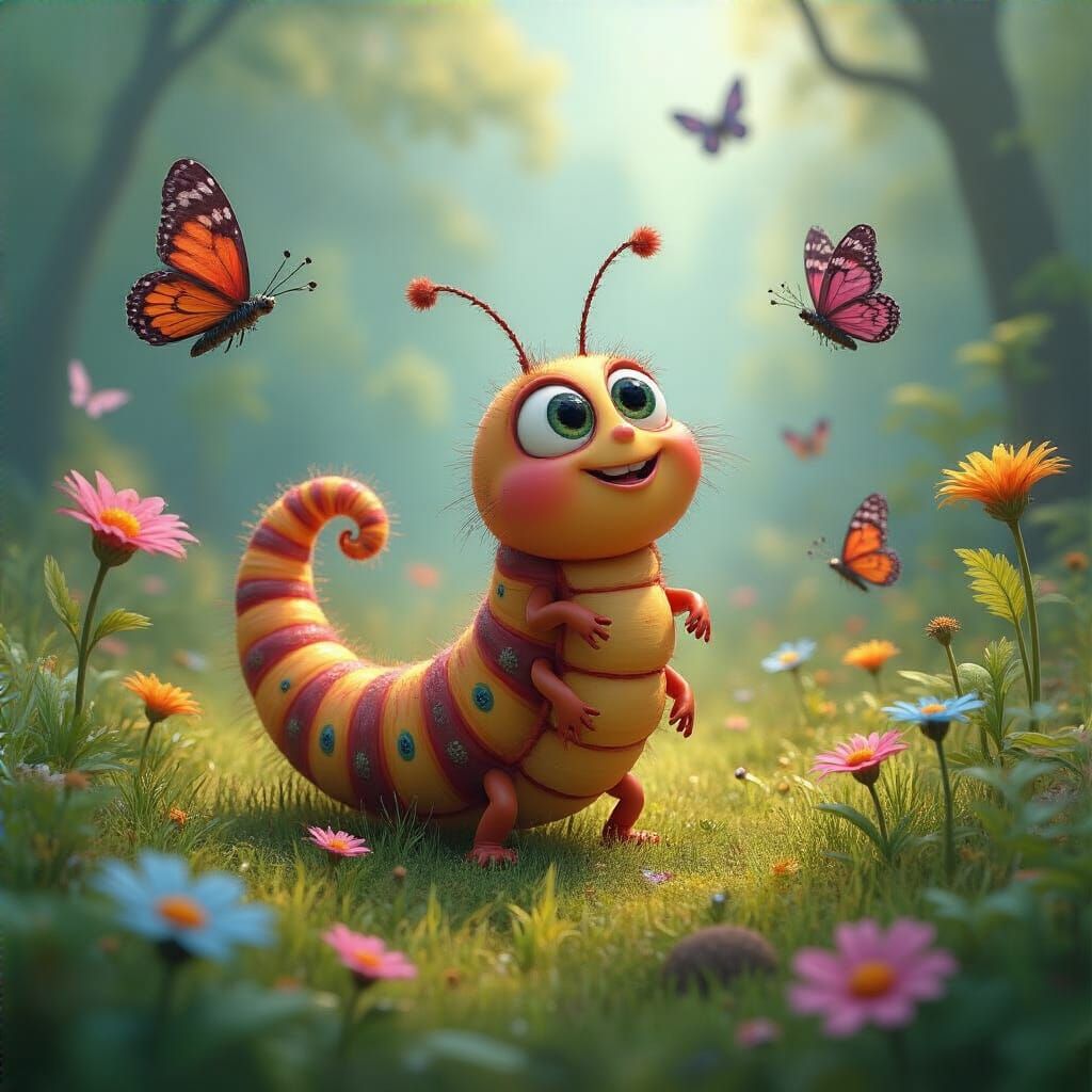 Caterpillar's Joyful Discovery in Pixar-Style Meadow