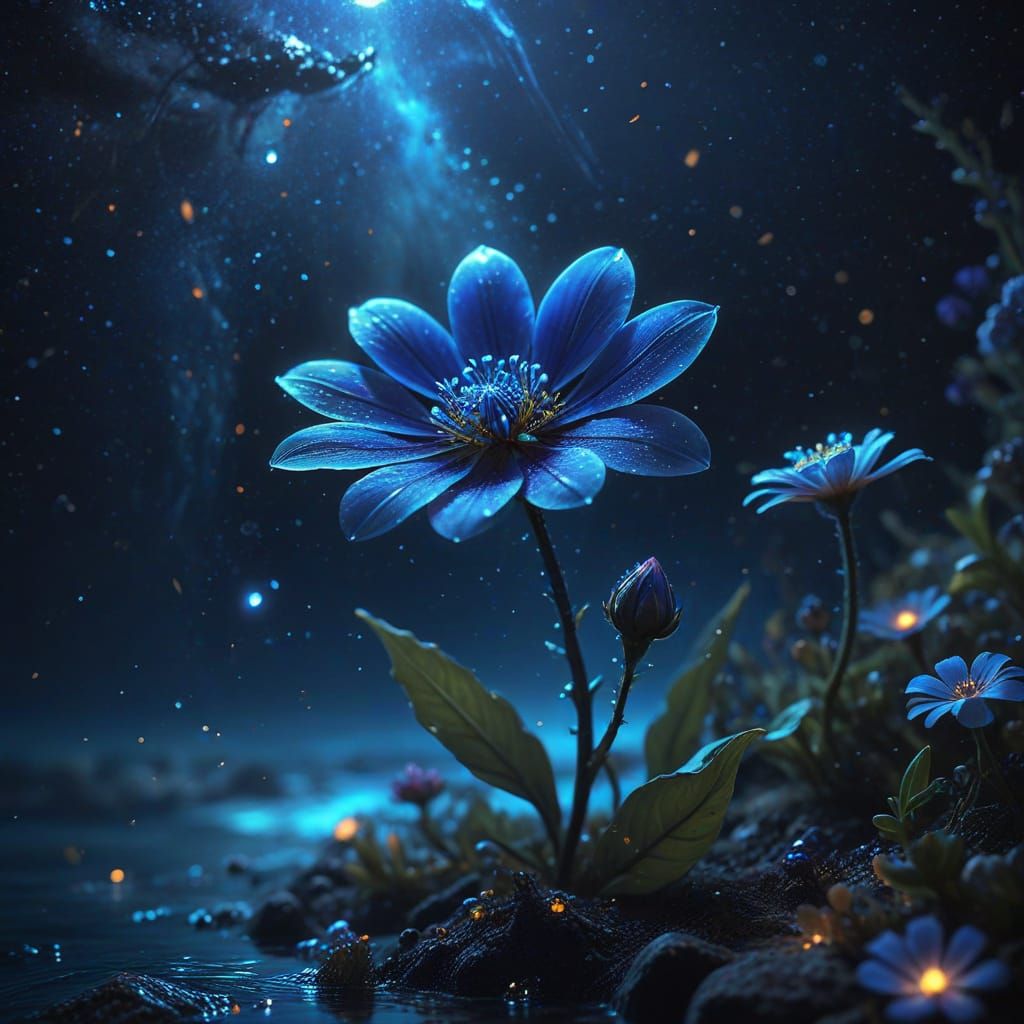 Blue Flower in Deep Ocean Under Starry Sky