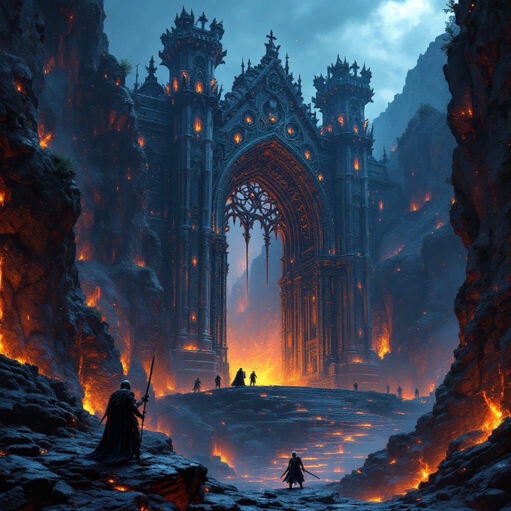 Ornate Gothic Gateway Guarded by Skeletal Knights