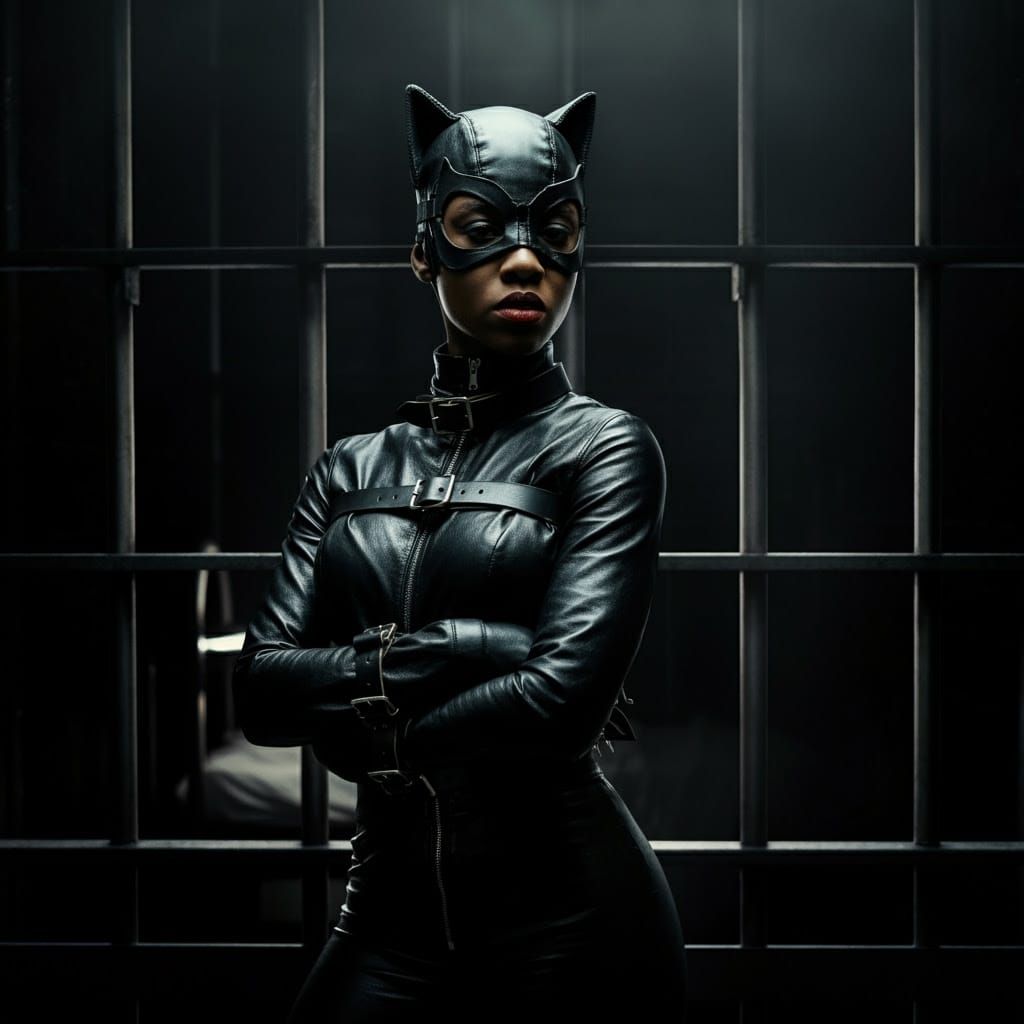 Catwoman in Leather Straitjacket: Cinematic Close-Up