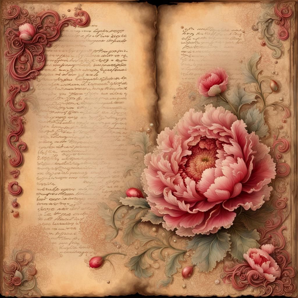 Vintage Journal Page with Peonies and Rococo Frame