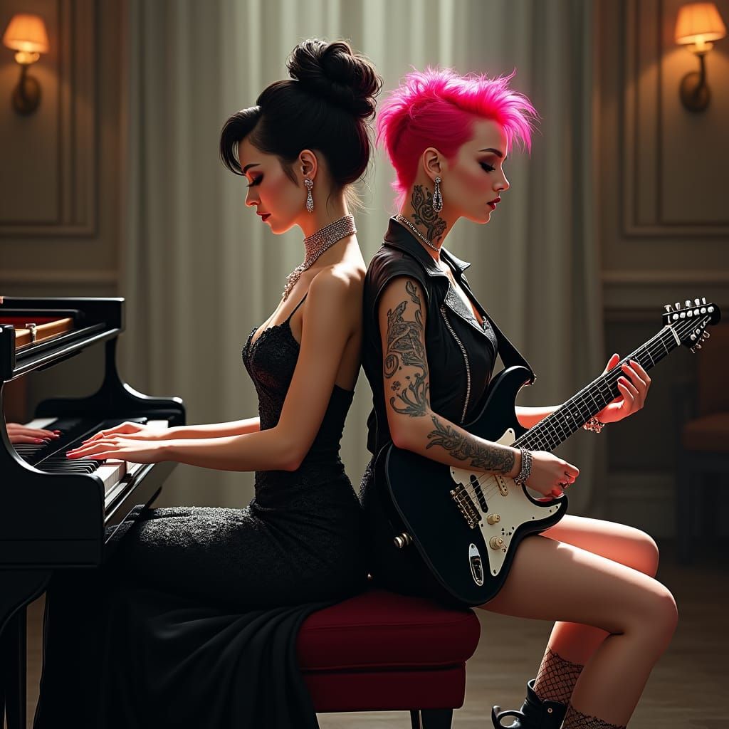 Elegant Woman and Punk Rocker in Harmonious Duet