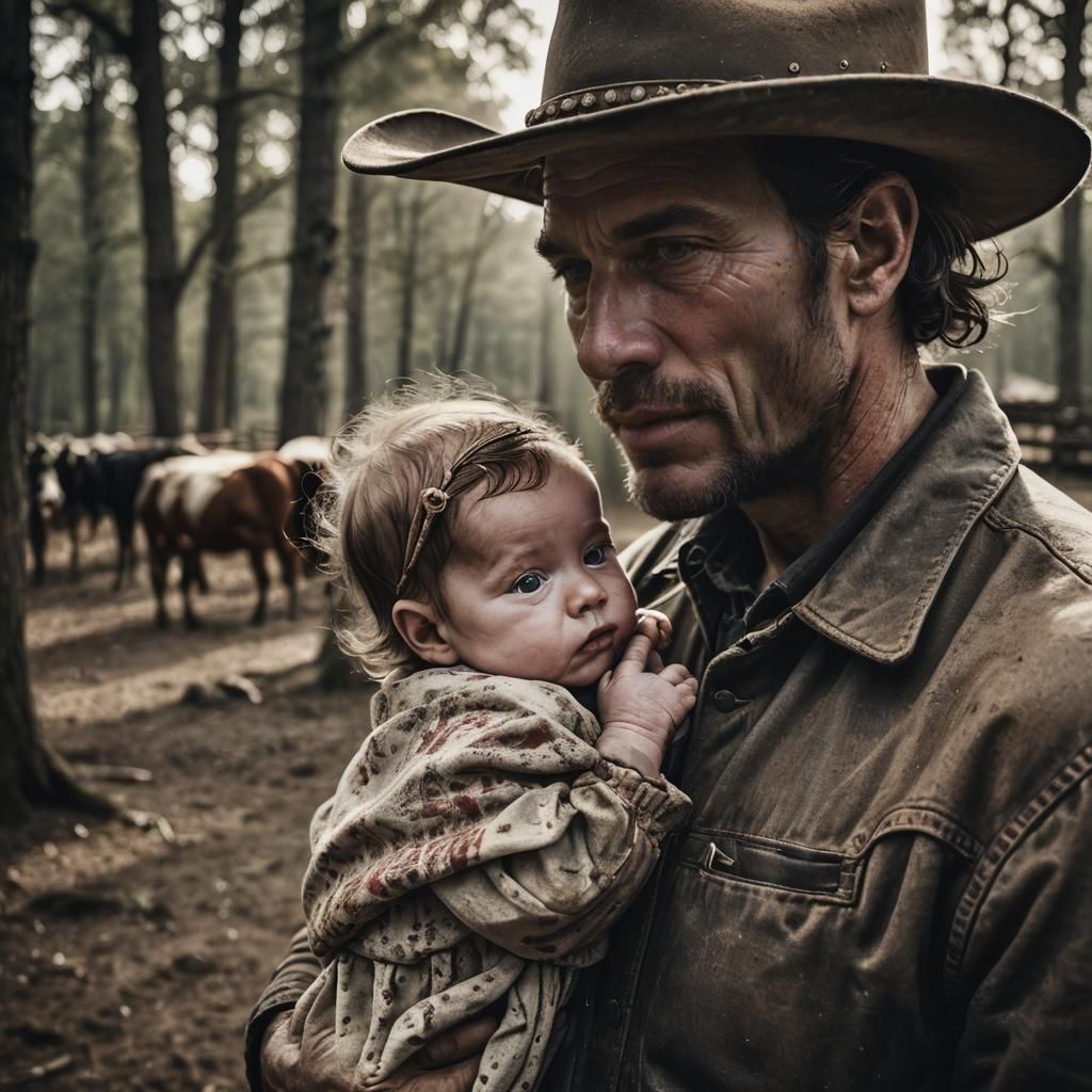 Cowboy Father with Newborn Baby Girl Portrait