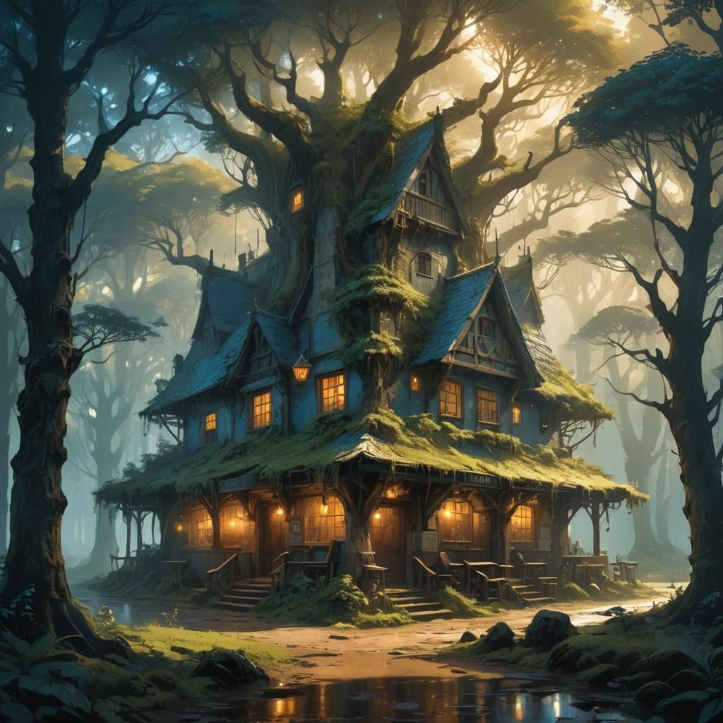 Mystical Forest Pub in Matte Painting Style