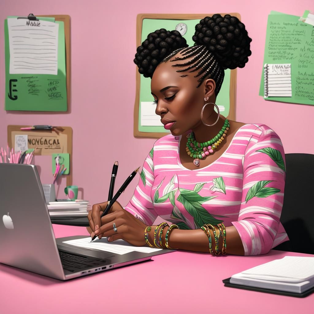 Black Woman in Pink Office: Realistic Matte Painting