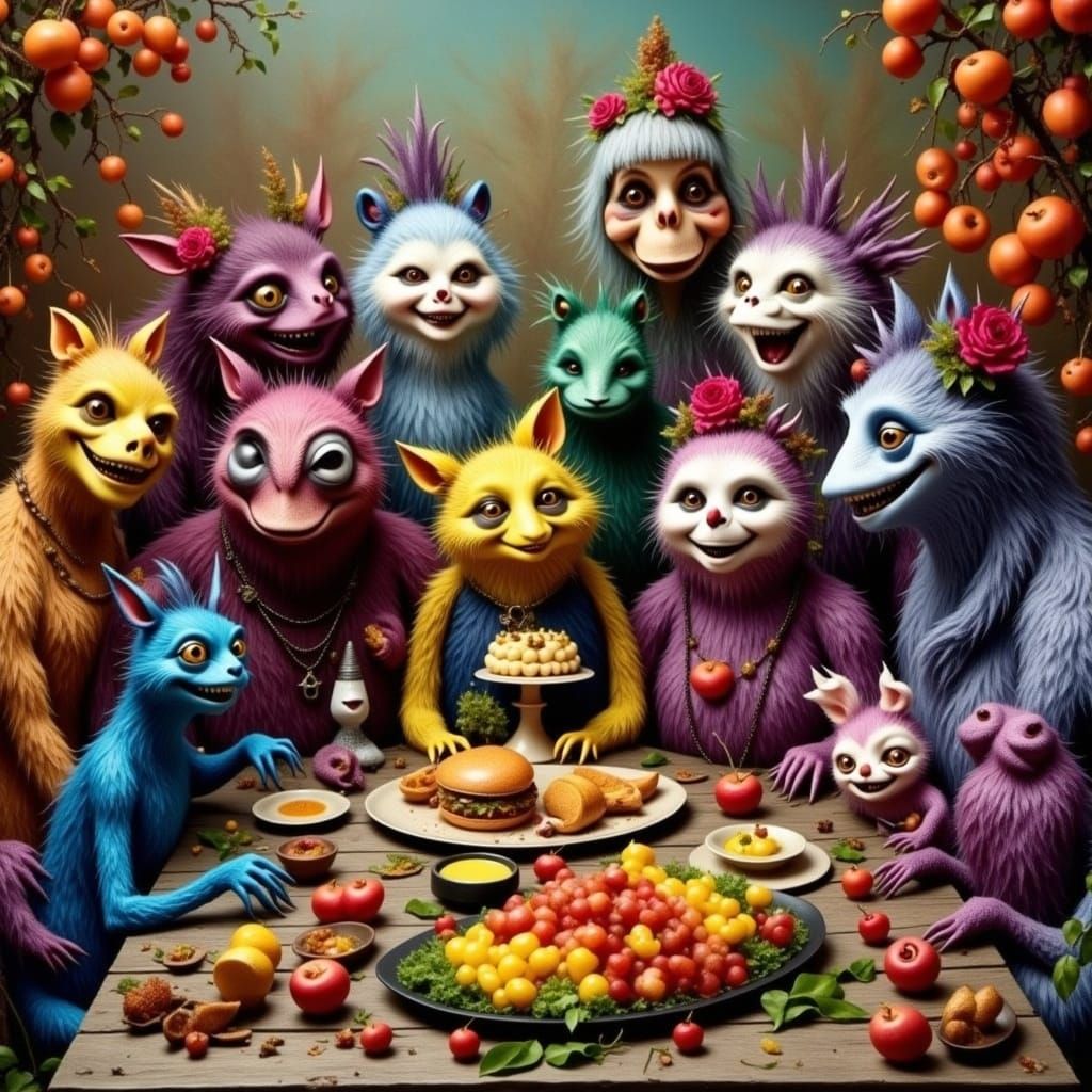 Cute Creepy Creatures Gathered for a Grateful Feast