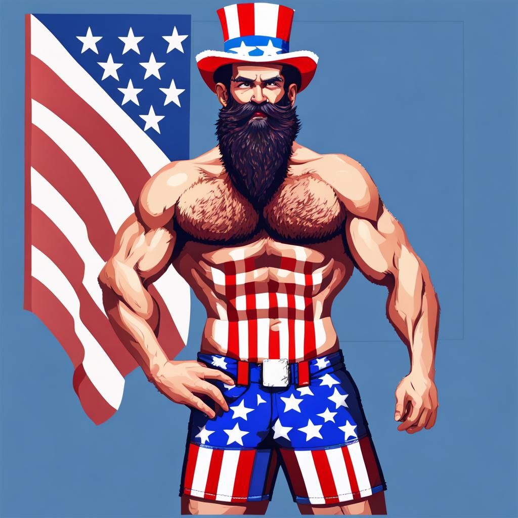 Patriotic Pixel Art: Muscular Uncle Sam in 80s Swim Trunks