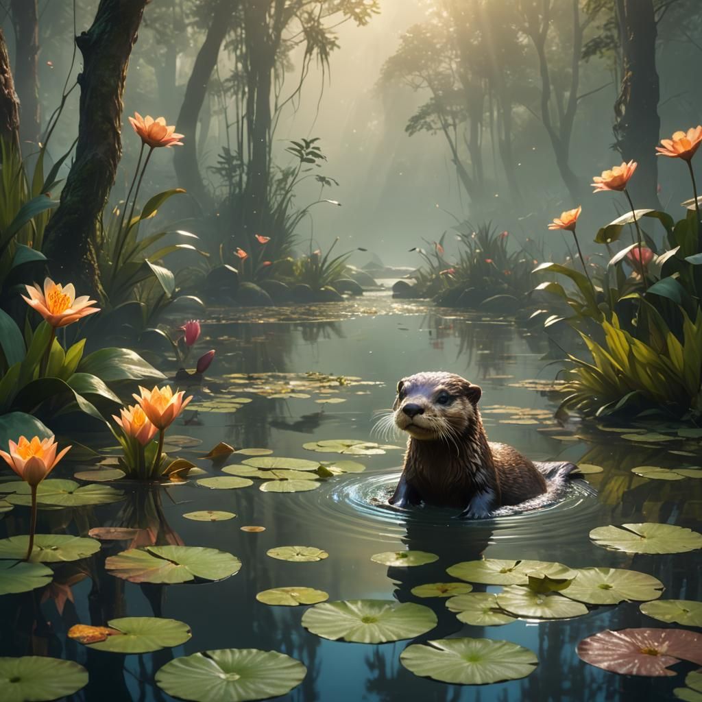 Adorable Baby Otter in Misty Forest: Concept Art