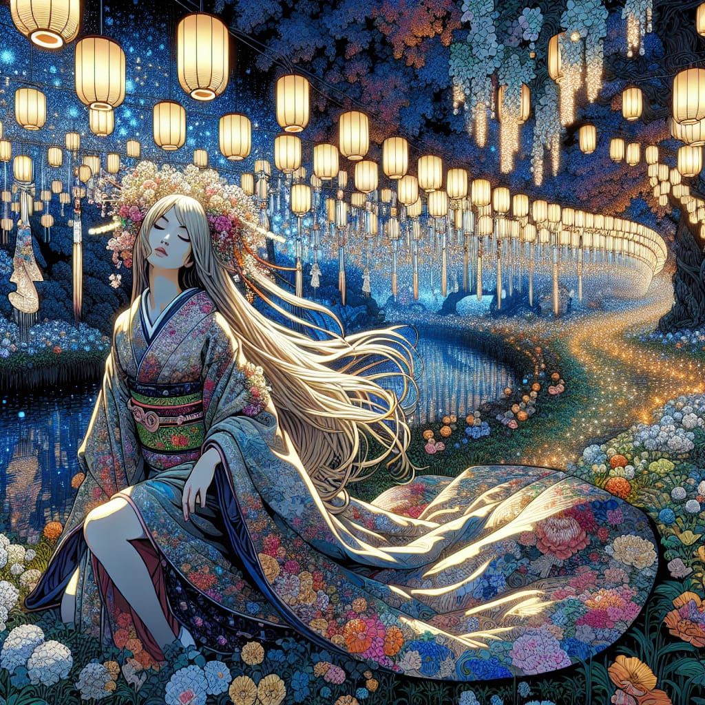 In the Garden of Floating Lanterns is a beautiful woman with...