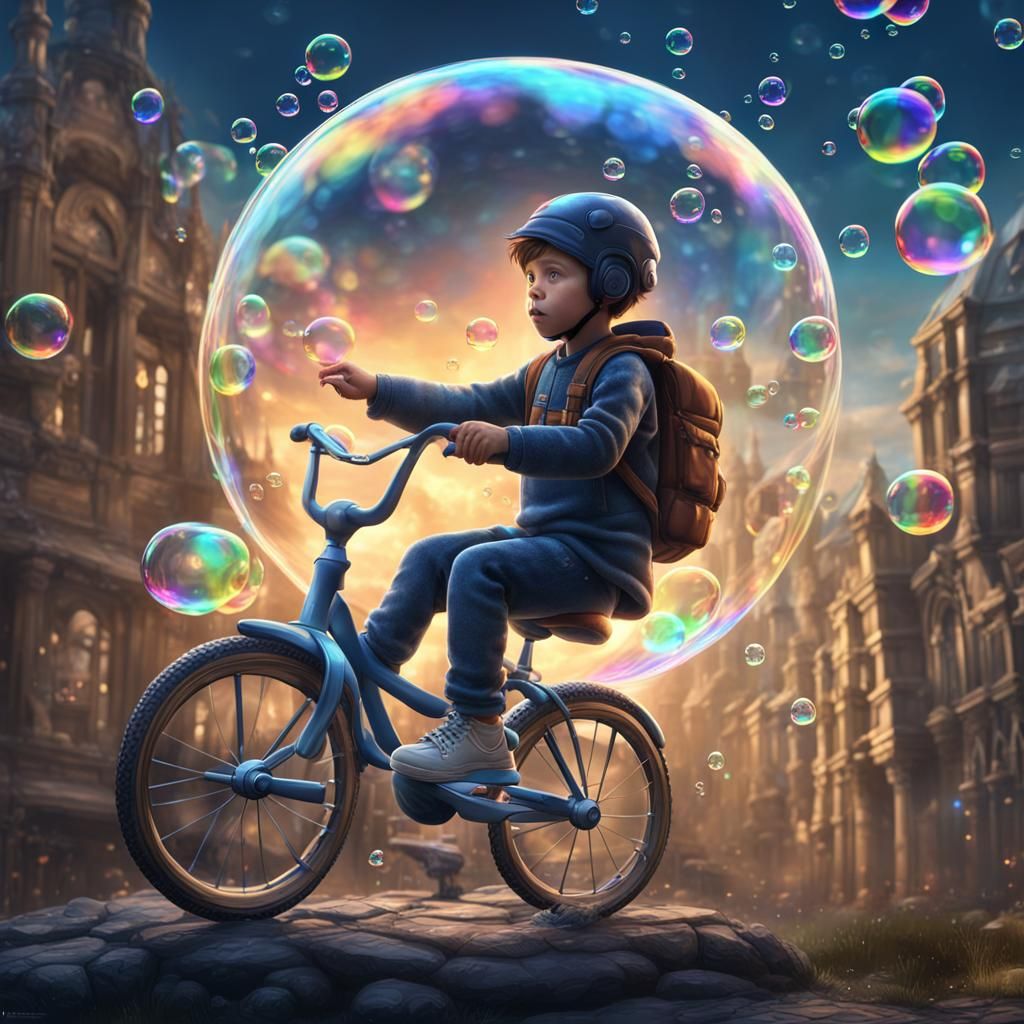 Child Riding Soap Bubble in Modern Digital Art