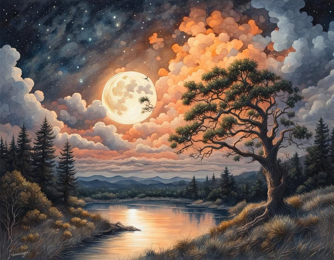 Enchanted Night Landscape with Fireflies and Stars