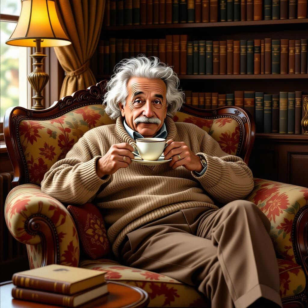 Einstein Relaxing on Sofa in Rockwell Style
