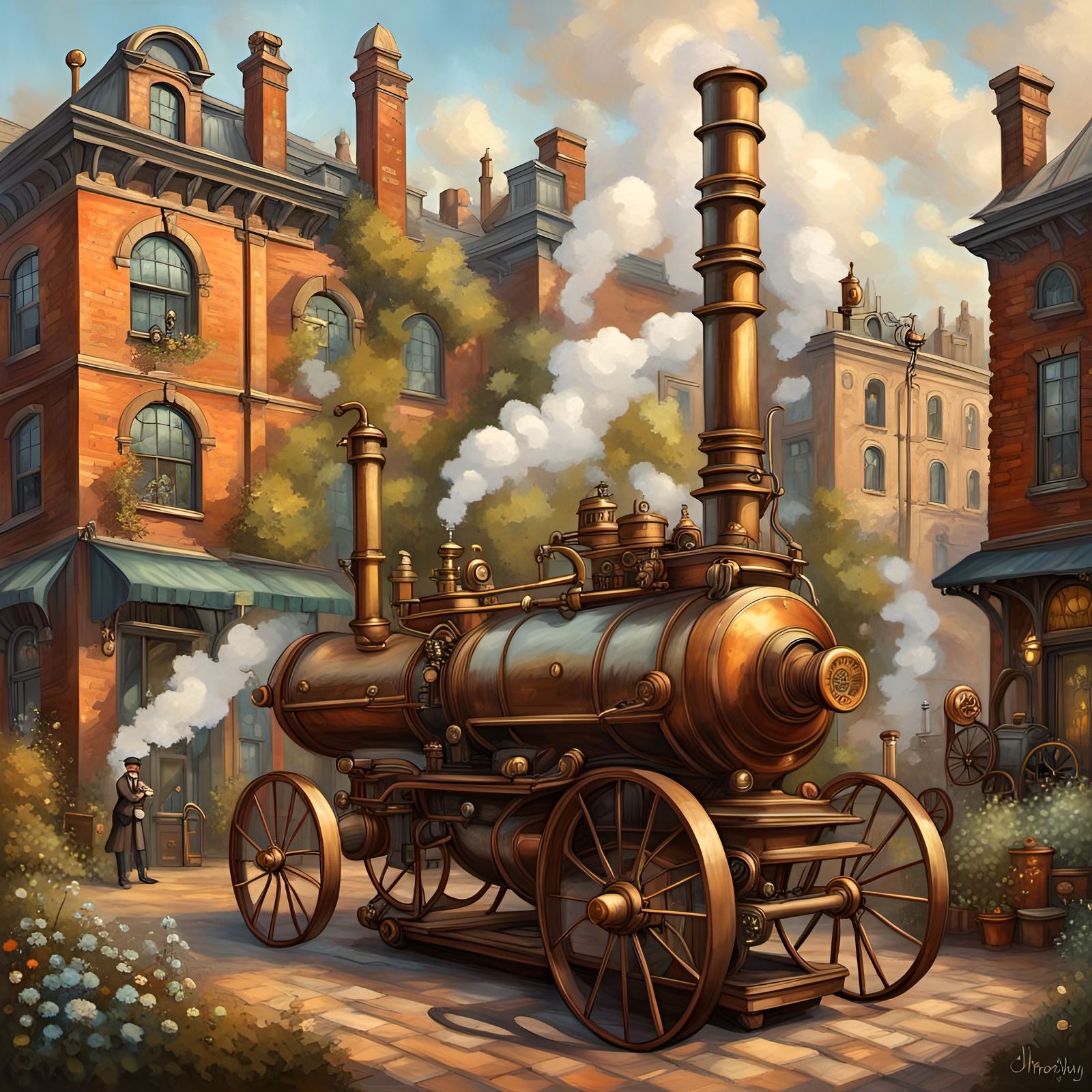 Steampunk City Garden in Victorian Oil Painting Style