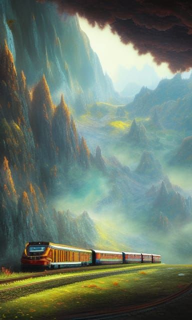 Mountain Train in Expressionist Oil Painting Style