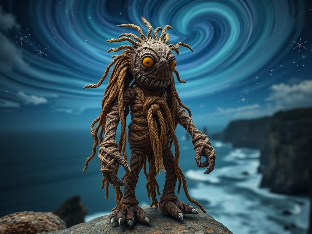 Macrame Monster Doll Under Psychedelic Starry Sky