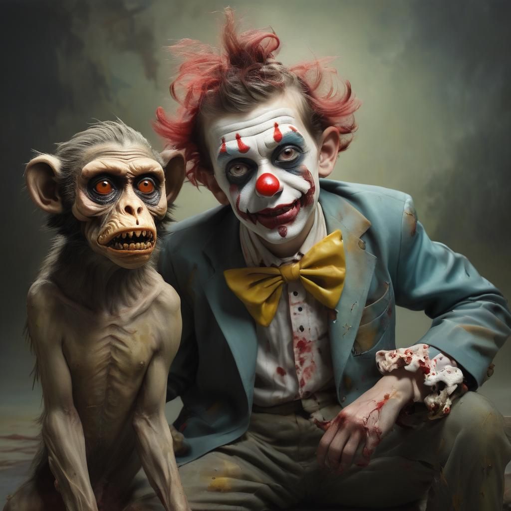 Surreal Zombie Clown Boy and Dog in Dali Style
