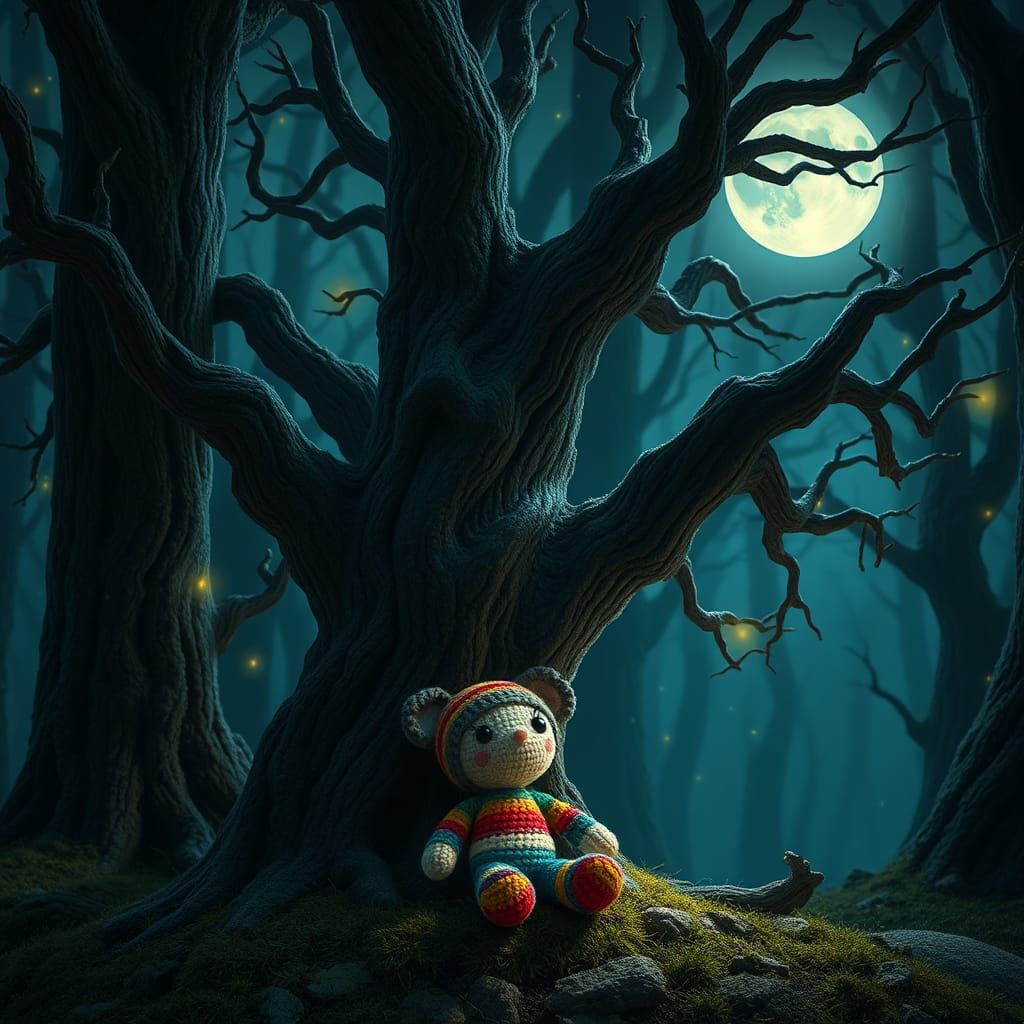 Crocheted Toy in Mystical Forest: Miyazaki-Inspired