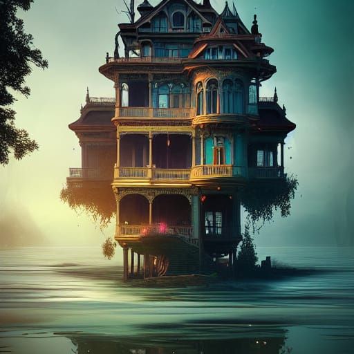 Victorian House on Floating Island, Digital Art