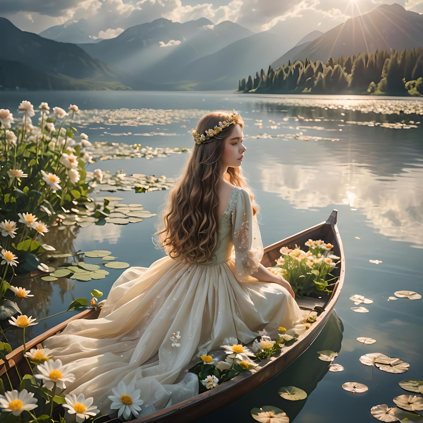 Princess on Flower Boat in Lake with Divine Light