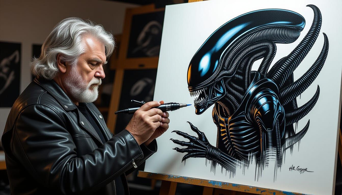 Biomechanical Artist Painting a Surreal Scene
