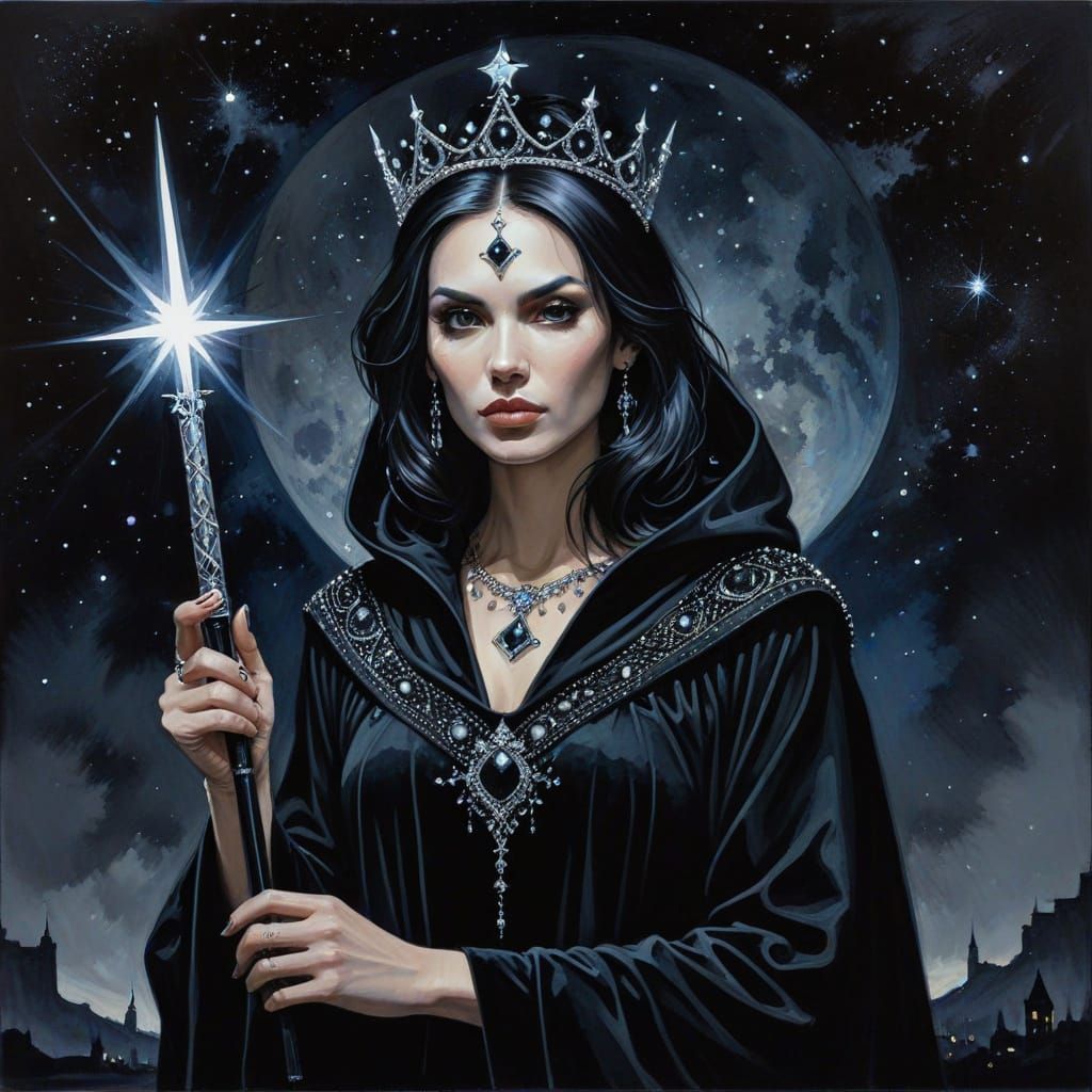 Woman with Diamond Crown in Starry Night Sky