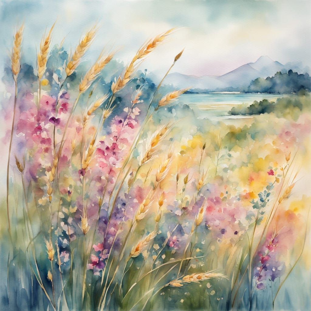 Watercolor Painting of Wildflowers in a Dreamy Summer Landsc...