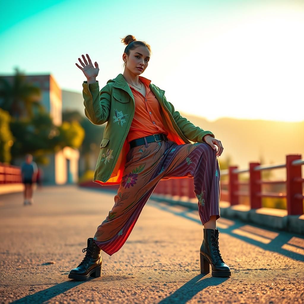 Fashion Model Posing in Vibrant Outdoor Scene