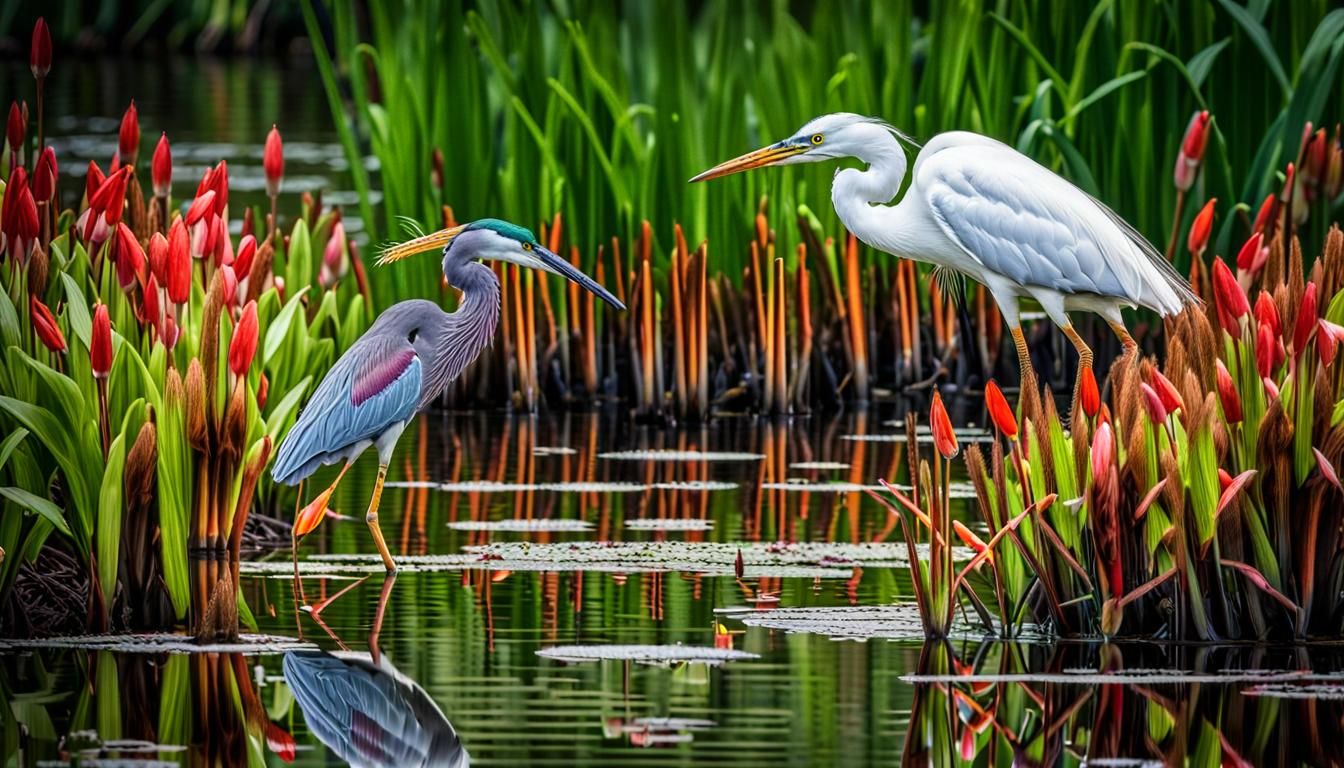 Egret and Heron Fishing in a Detailed Swamp