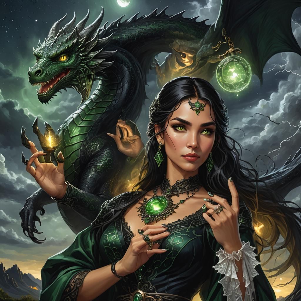 Sorceress with Dragons in Stormy Night