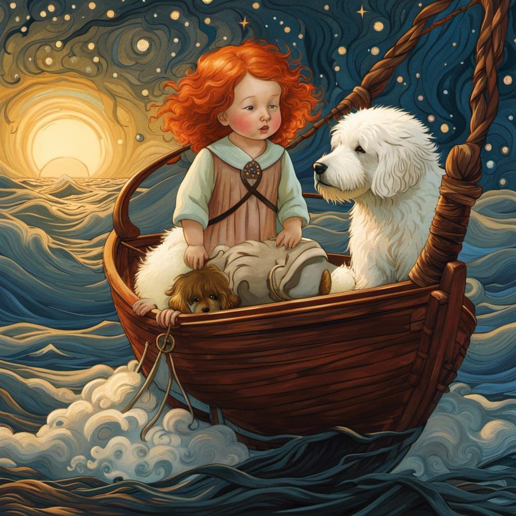 Sweet toddler and her dog on a boat