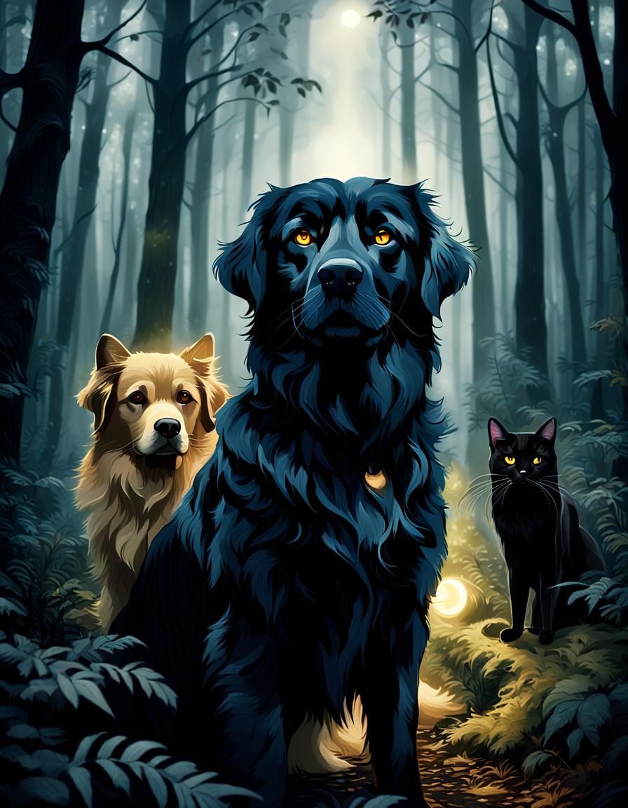 Mystical Forest: Golden Retriever and Black Cat Portrait