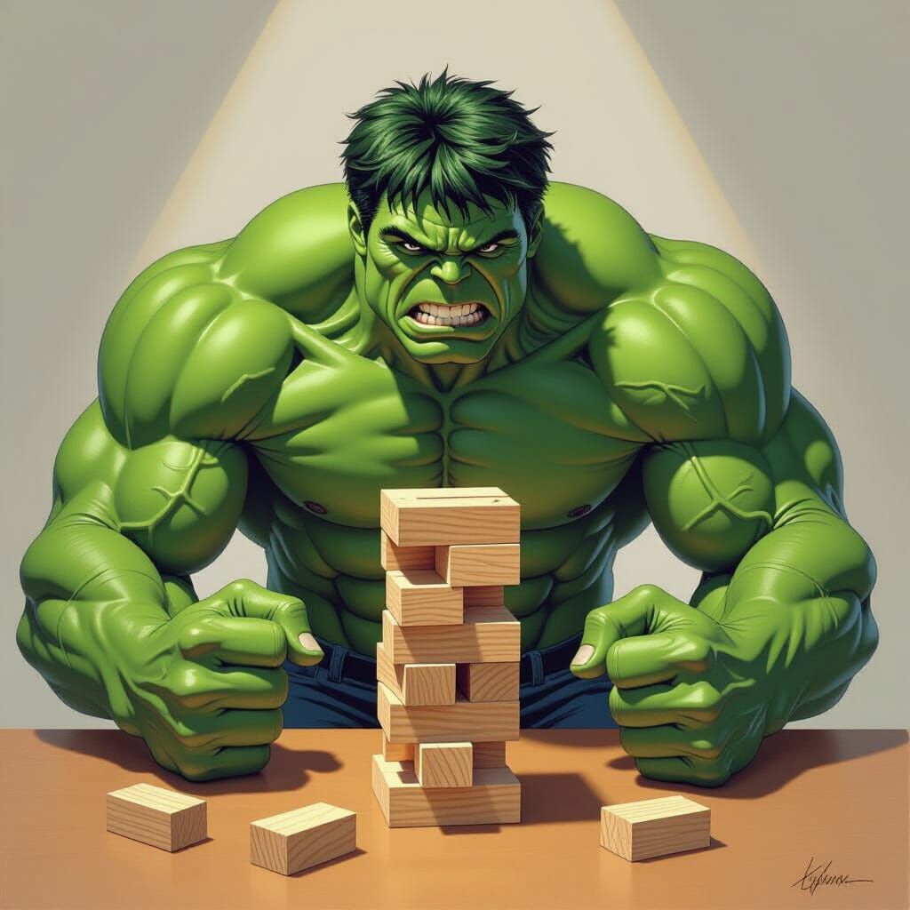 Hulk Plays Jenga in Comic Book Art Style