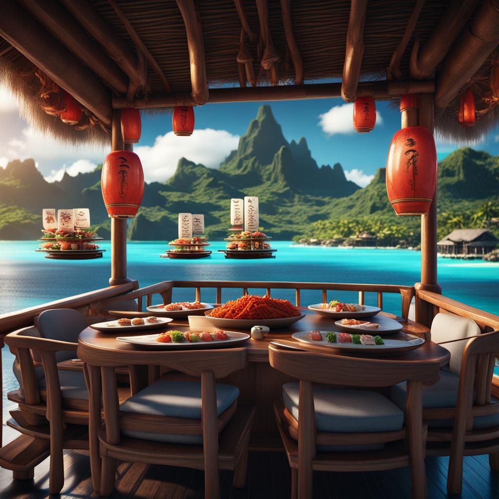 sushi boat served on the terrace on stilts in Bora Bora