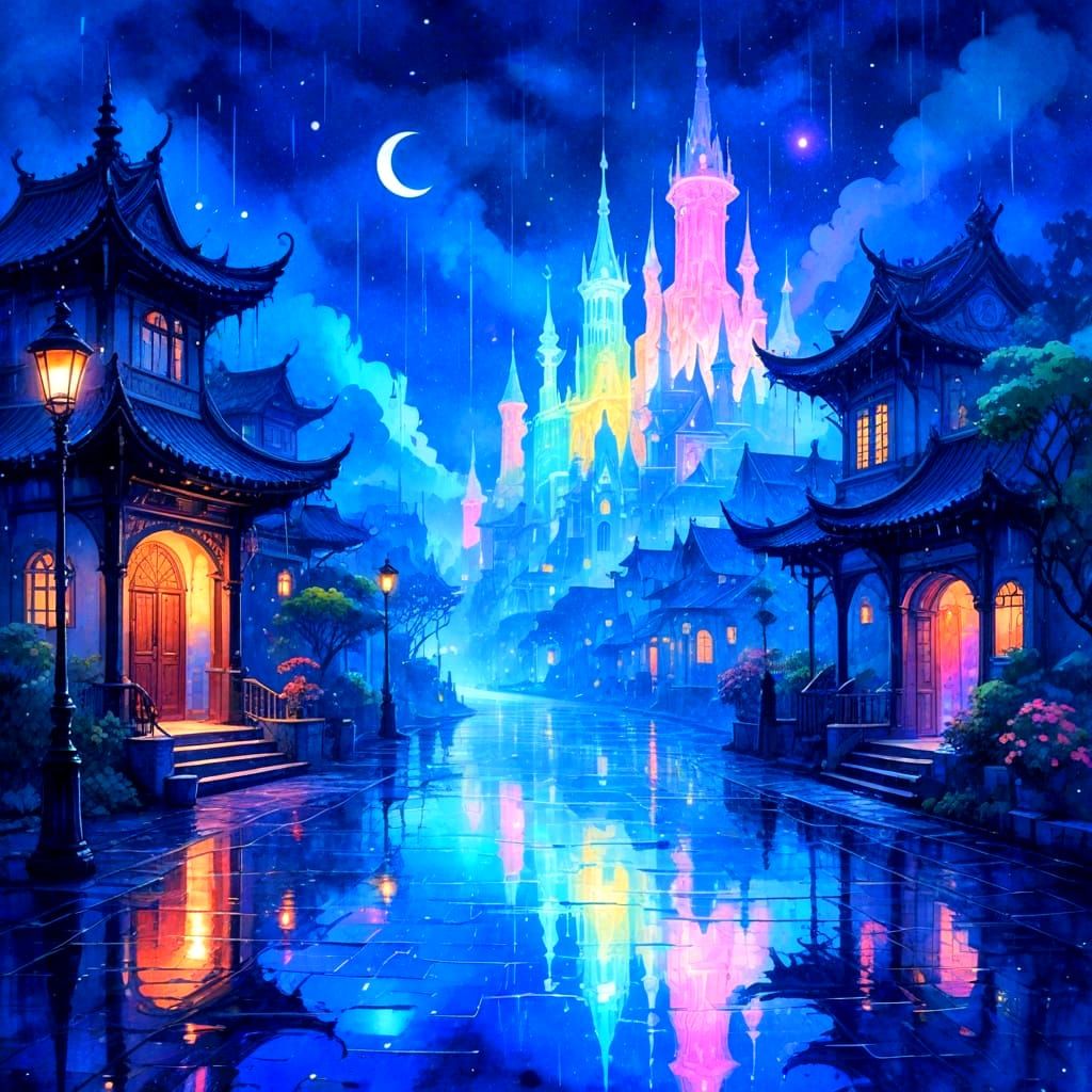 Rainy Fantasy Realm in Watercolor and Ink Style