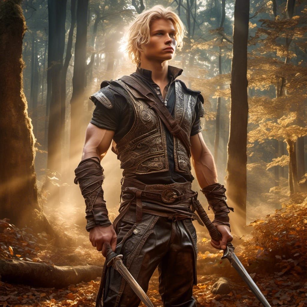 Young Blond Warrior in Forest Sunlight, Realistic Photo