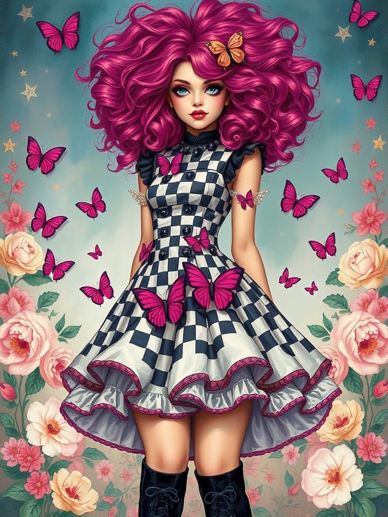 Magenta Carnival Queen in Neo-Impressionist Oil Painting