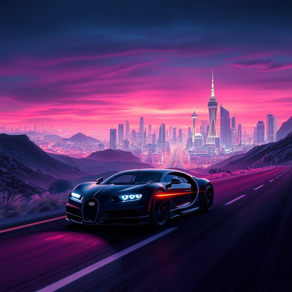 Cyberpunk Bugatti Speeding Through Neon Valley at Night