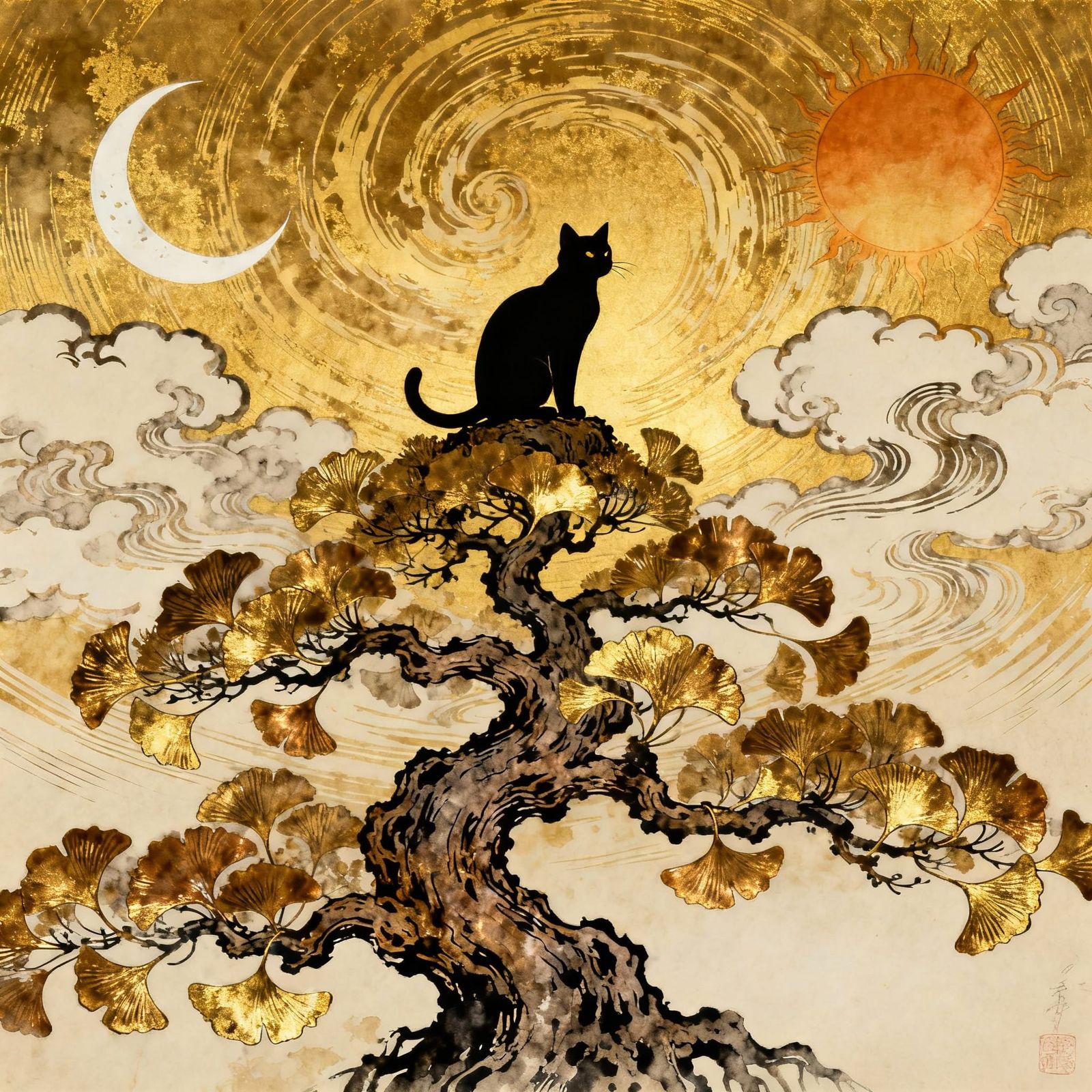 Solitary Black Cat on Ginkgo Tree in Ukiyo-e Style