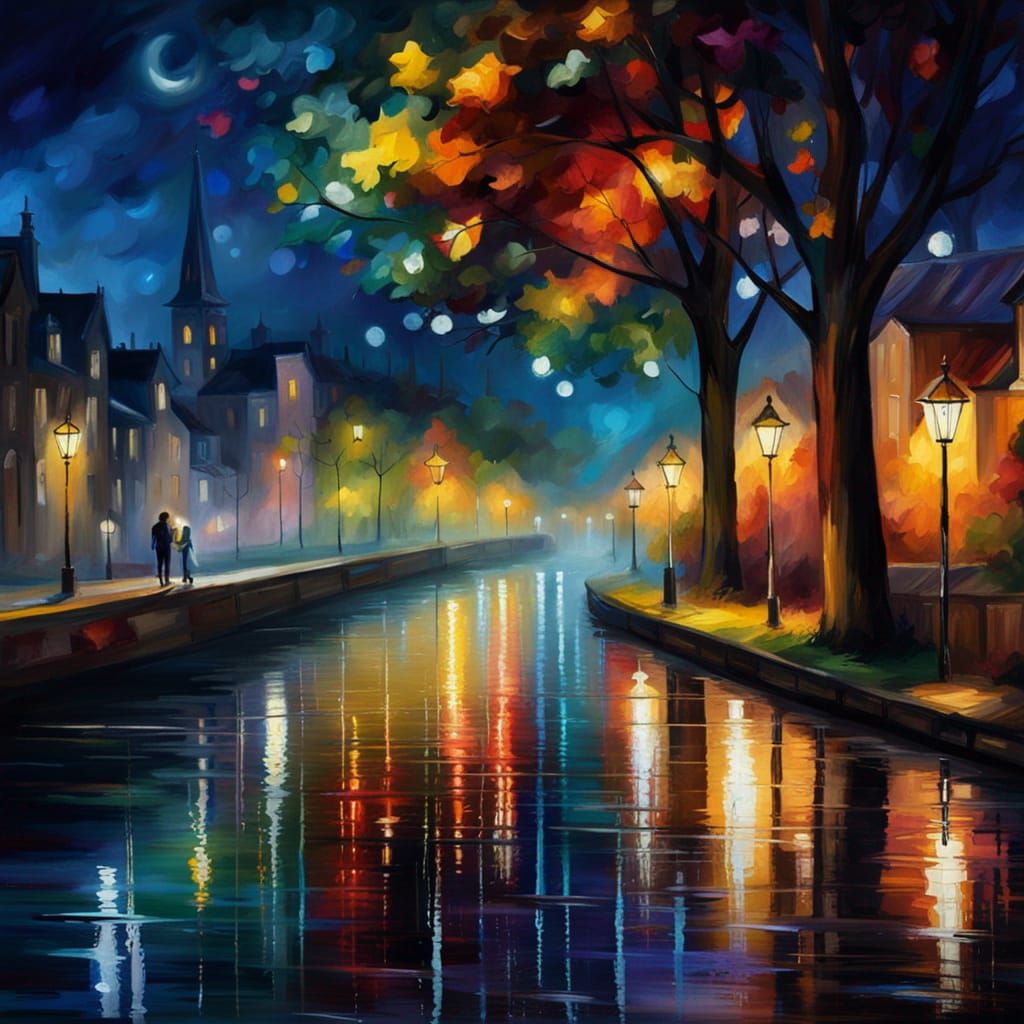 Night Riverwalk Painting in Impressionist Style