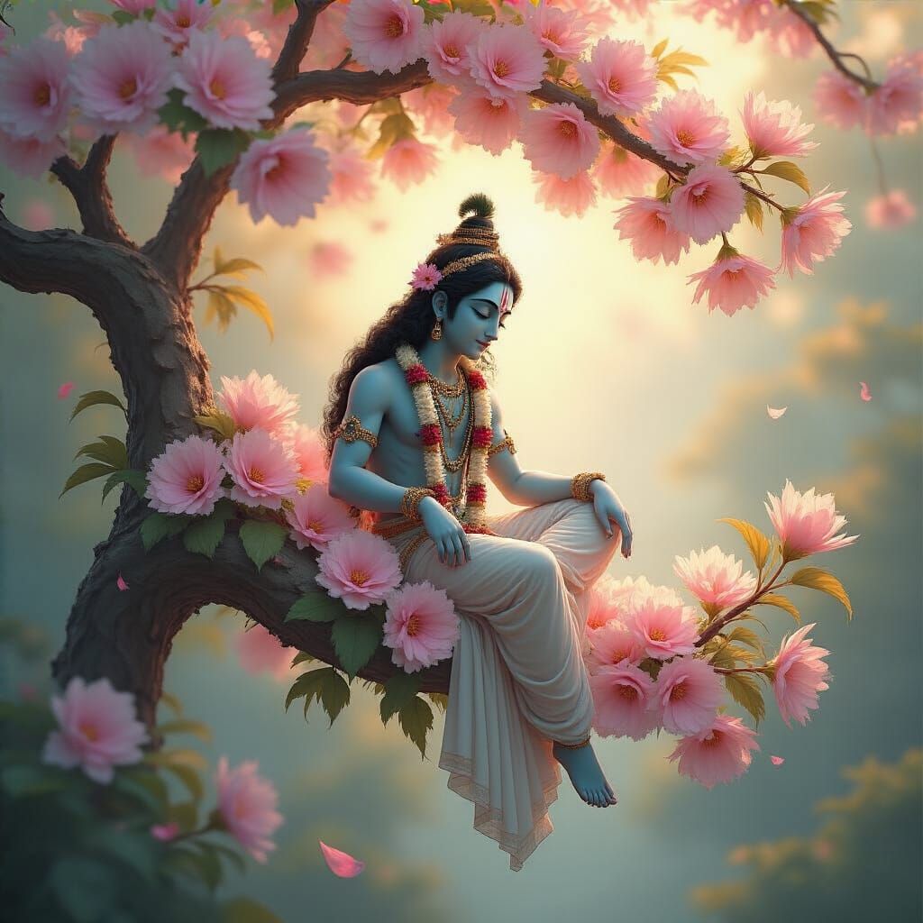 Krishna Resting on Blooming Tree Branch with Warm Light