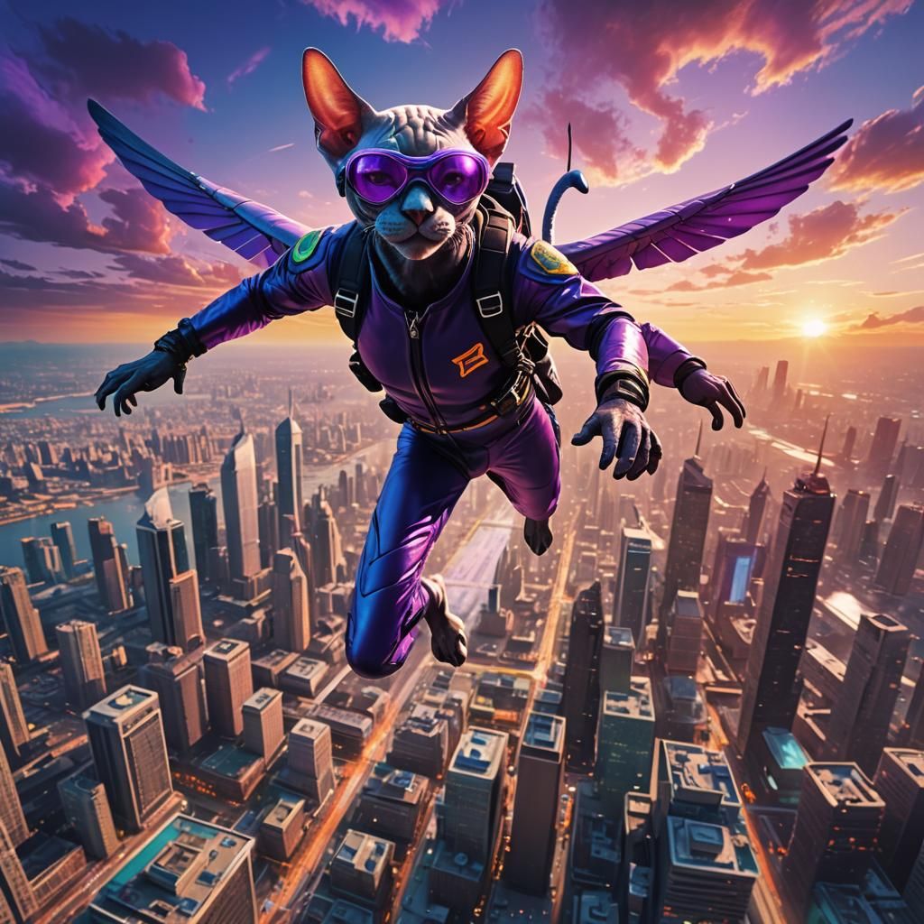 Cyberpunk Cat Skydiving Over Futuristic Cityscape