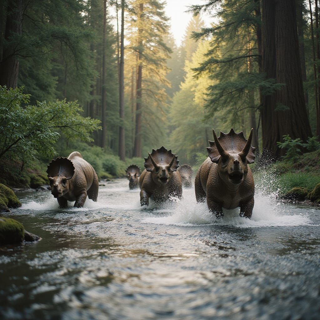 Triceratops Herd Crossing Redwood River in Cinematic Style