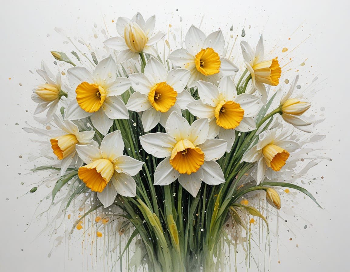 Rain Shower Over Daffodil Fields in Impressionist Style