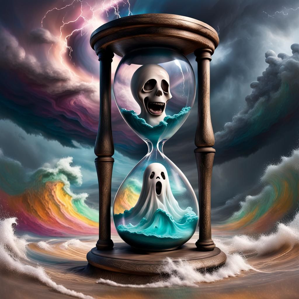 Ghost Trapped in Hourglass During Colorful Storm